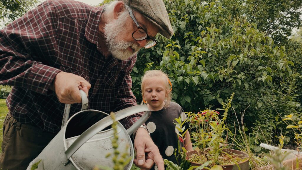 Abuelo y nieta regando plantas en un huerto